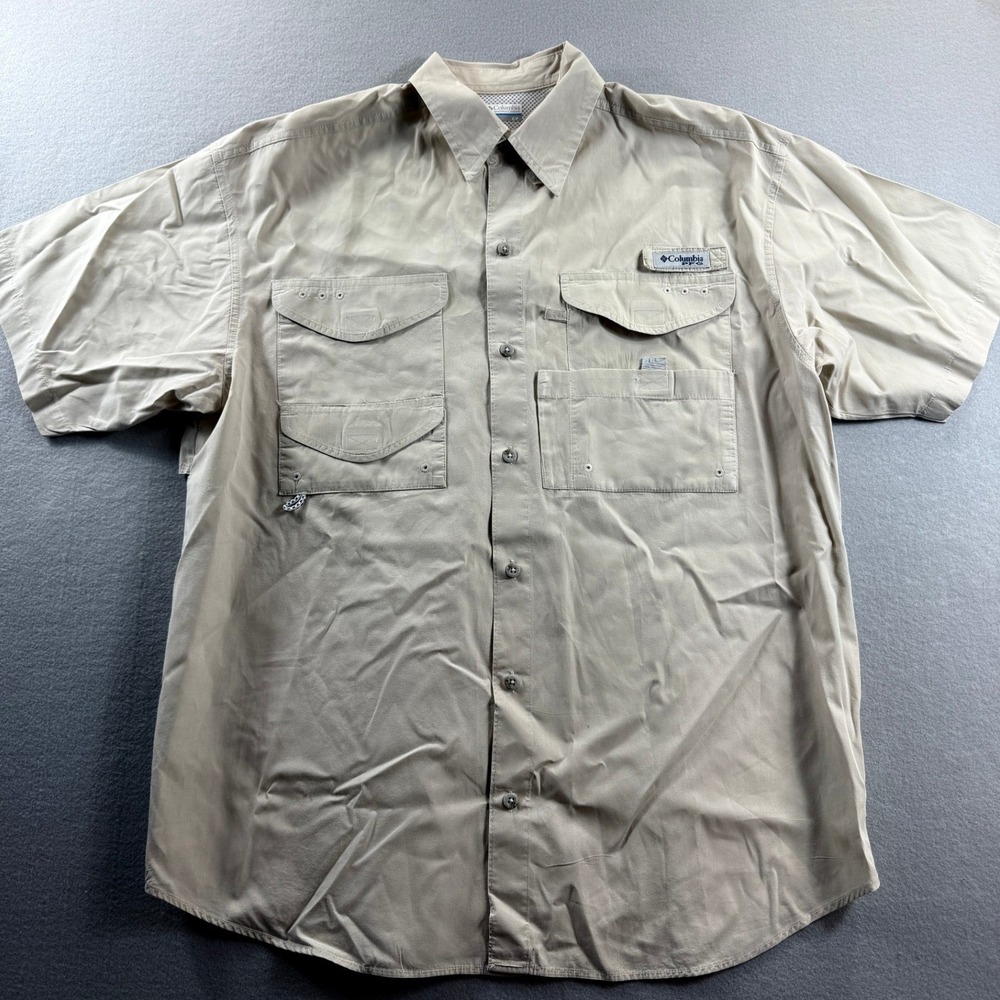 Columbia PFG Button Up Shirt Mens Small Tan Short Sleeve Cotton Bahama Vent